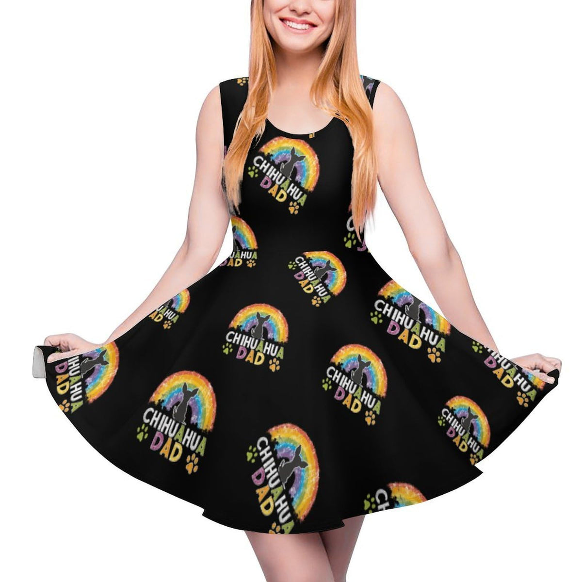 d'été pour femme, motif papa chihuahua arc-en-ciel, col rond, sans manches, ourlet à volants.