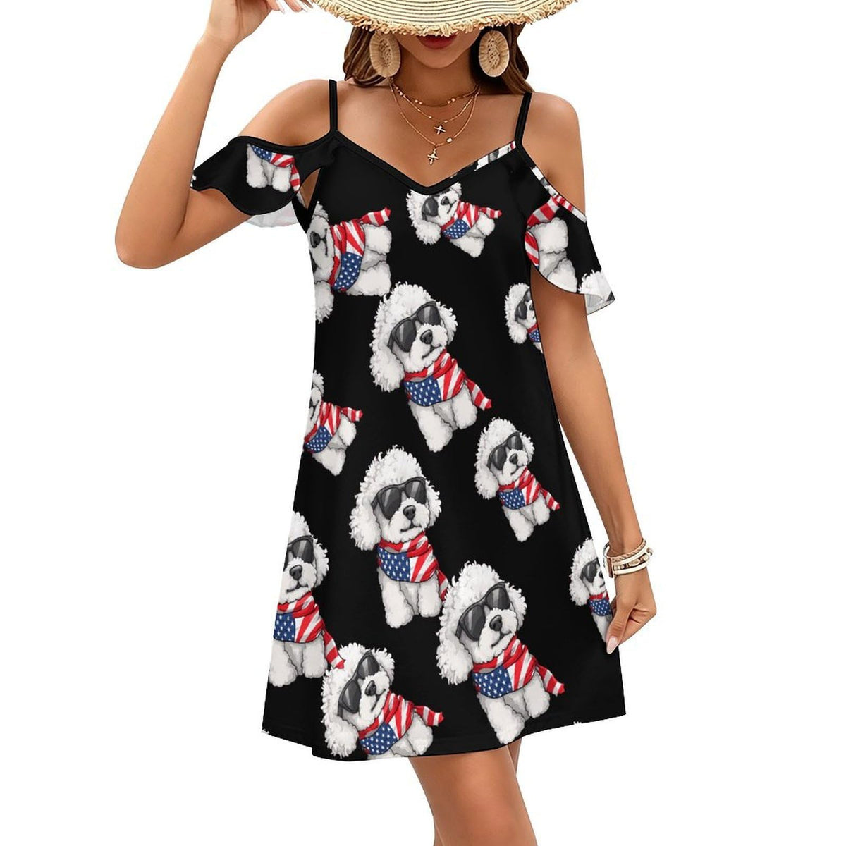 d'été mini à épaules dénudées pour femme, motif bichon frisé et drapeau américain, idéale pour les fêtes du 4 juillet. Robe de plage/fête à volants.