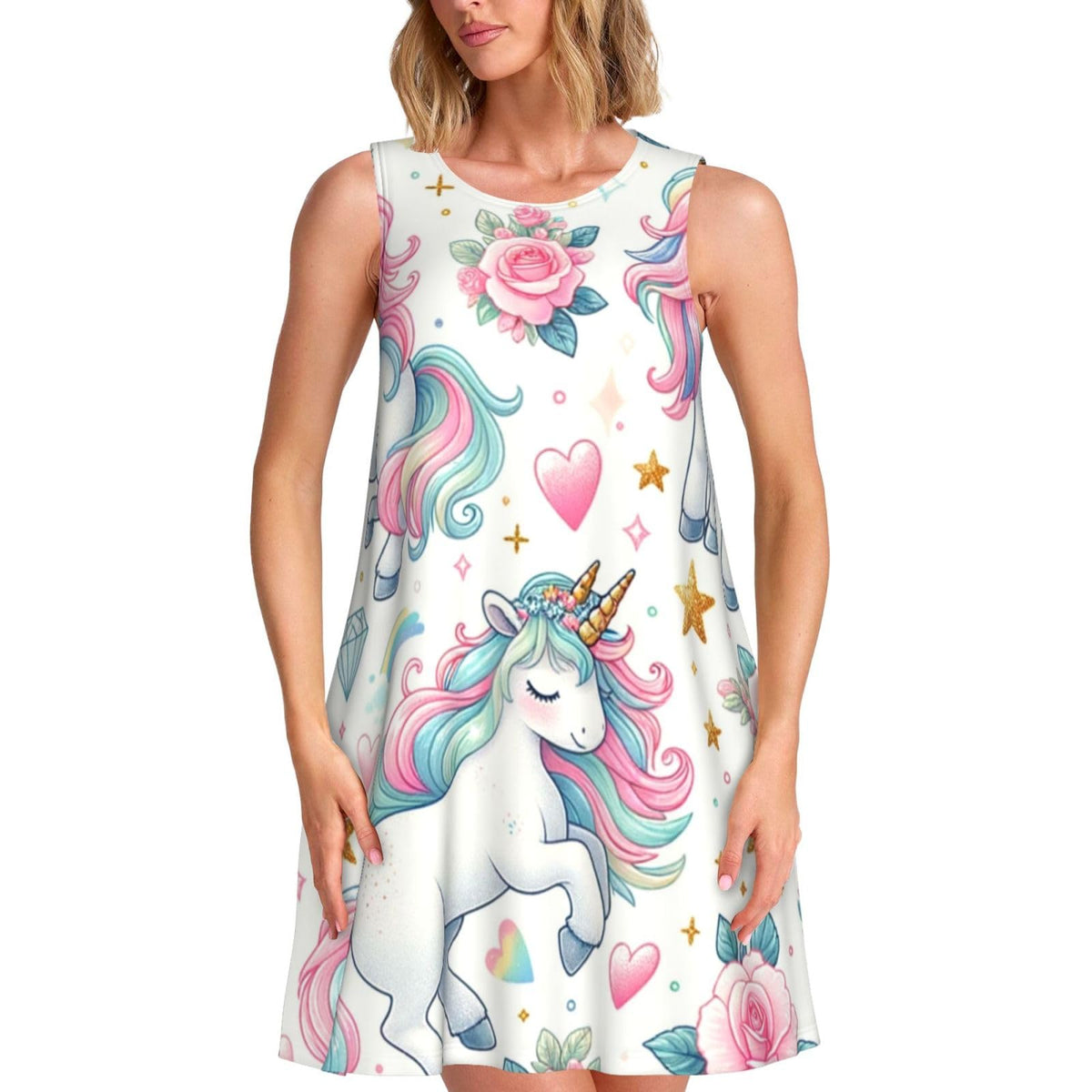 sans manches Augenstern Kawaii à motif cheval et étoiles scintillantes, avec 2 poches latérales, coupe trapèze.
